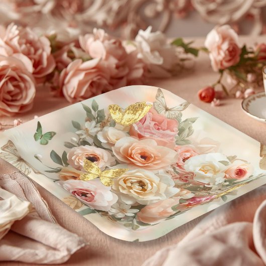 Blush Garden Roses Galentine Tea Party Florals ペーパープレート