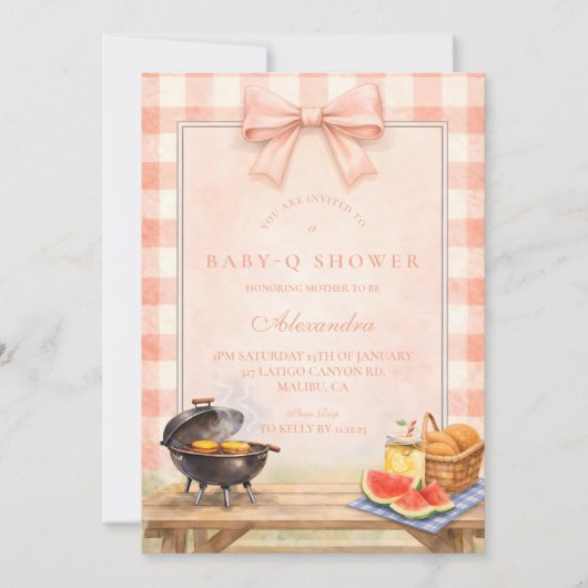 Blush Gingham Baby Q Baby Shower 招待状 (正面)