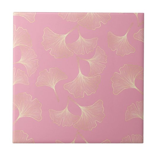 Blush Ginkgo Luxe – ピンクの上のゴールドボタニカル (4) タイル (正面)