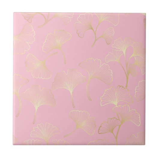 Blush Ginkgo Luxe – Gold Botanical on Pink (2) タイル (正面)