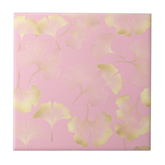Blush Ginkgo Luxe – Gold Botanical on Pink (5) タイル (正面)