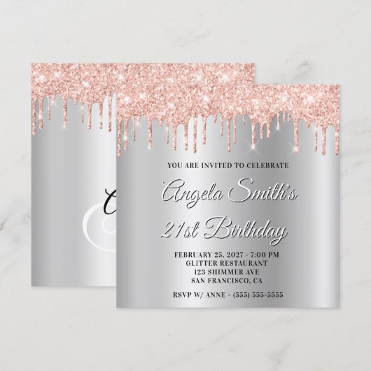 Blush Glitter Drips Silver Ombre Drop Shadow 招待状 (正面/裏面)