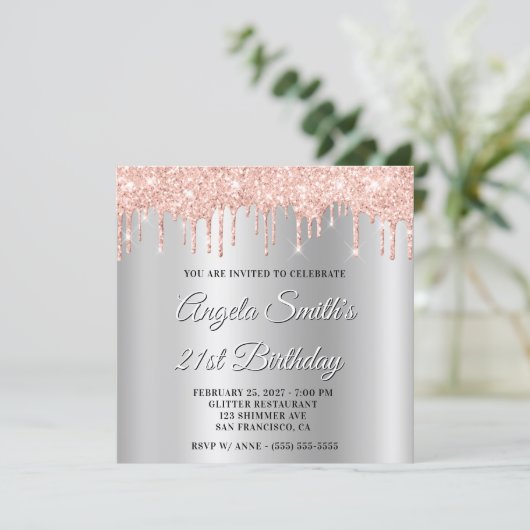 Blush Glitter Drips Silver Ombre Drop Shadow 招待状 (スタンド正面)
