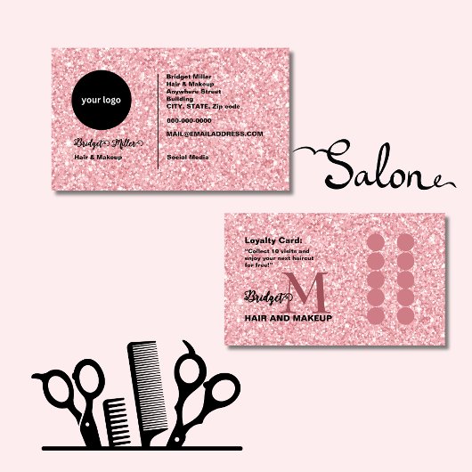 Blush Glitter hair salon monogram Logo ロイヤリティカード