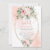 Blush Gold Floral Sweet 16 Birthday Party Invite 招待状 (正面)