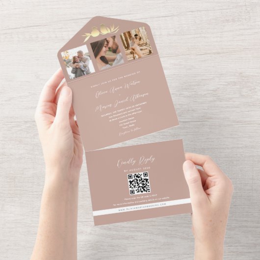 Blush Gold Lovebirds Photo QR Code Wedding オールインワン招待状 (貼ってはがせる)