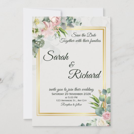 Blush Greenery Gold Frame Wedding Invitation 招待状 (正面)