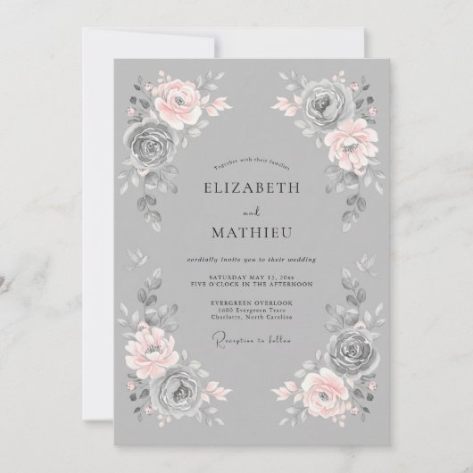Blush Grey Romantic Floral Wedding 招待状 (正面)