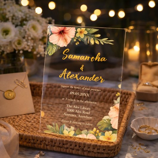 Blush Hibiscus Tropical Floral アクリル招待状