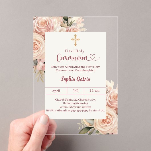 Blush Ivory dusty rose florals cleFirst Communion アクリル招待状 (インサイチュ (ポータブル))