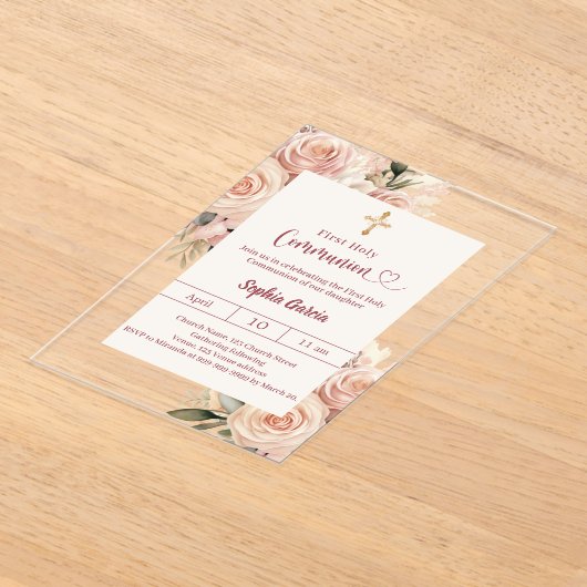 Blush Ivory dusty rose florals cleFirst Communion アクリル招待状 (レイダウン)