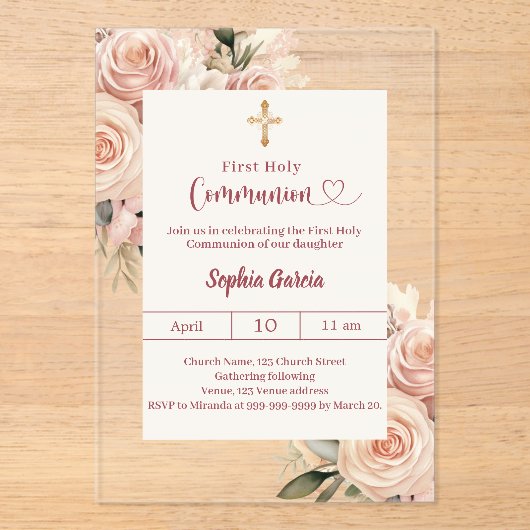 Blush Ivory dusty rose florals cleFirst Communion アクリル招待状 (正面)