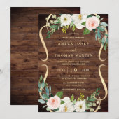 Blush Ivory Floral Pretty Rustic Wood Wedding 招待状 (正面/裏面)