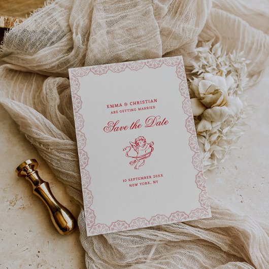 Blush Lace Border Vintage Cherub Wedding セーブザデート
