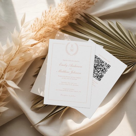 Blush Laurel Monogram Wedding Invitation QR Code 招待状