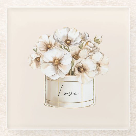 Blush Love Pretty White Flowers ガラスコースター (正面)