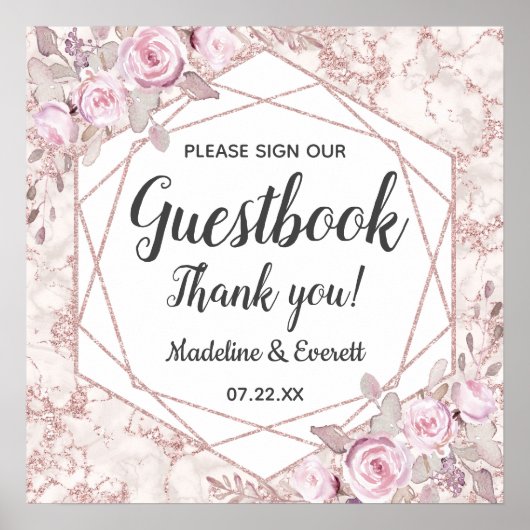 Blush Marble Floral Sign Our Guestbook Table Sign ポスター (正面)