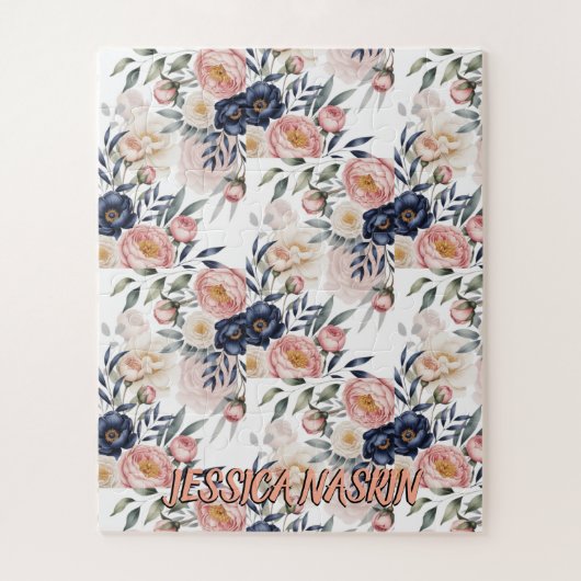Blush Navy Blue Soft Pastel Pink Floral ジグソーパズル (縦)