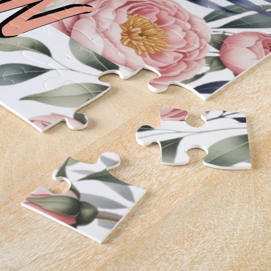 Blush Navy Blue Soft Pastel Pink Floral ジグソーパズル (側面)