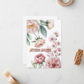 Blush Navy Blue Soft Pastel Pink Floral ノートカード (正面/裏面インサイチュ)