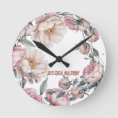 Blush Navy Blue Soft Pastel Pink Floral ラウンド壁時計 (正面)