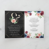Blush Navy Burgundy Floral Black QR Code Wedding 招待状 (内部)