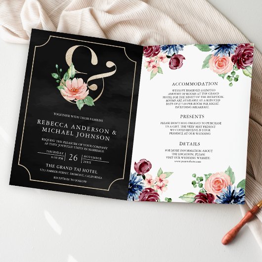 Blush Navy Burgundy Floral Black QR Code Wedding 招待状