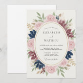 Blush Navy Floral Wedding 招待状 (正面/裏面)