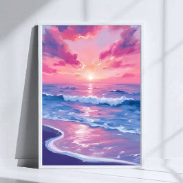 Blush Ocean Sunset Waves Watercolor Art ポスター