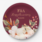 Blush Orange Floral Elegant Anniversary Monogram ペーパープレート (正面)
