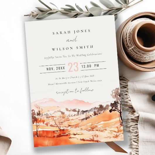 Blush Orange Watercolor Woods Mountain Wedding 招待状