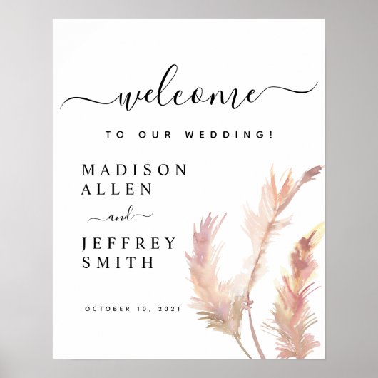 Blush Pampas Grass Minimalist Wedding Welcome Sign ポスター (正面)