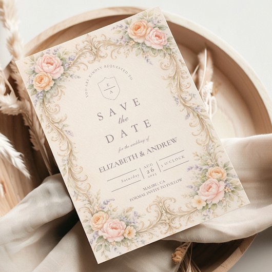Blush Peach Baroque Rose Wedding セーブザデート