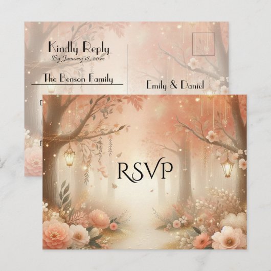 Blush Peach Enchanted Forest Lantern Wedding RSVP インビテーションポストカード (正面/裏面)