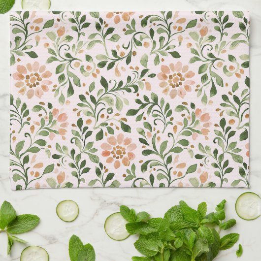 Blush Peach Flowers Green Leaves キッチンタオル (折り畳み)