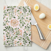 Blush Peach Flowers Green Leaves キッチンタオル (四つ折り)
