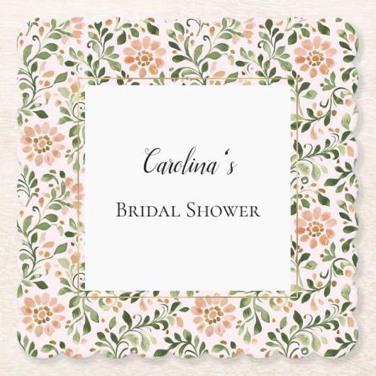 Blush Peach Flowers Green Leaves Bridal Shower   ペーパーコースター (正面)