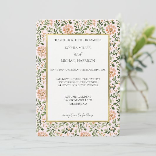 Blush Peach Flowers Green Leaves Wedding 招待状 (スタンド正面)