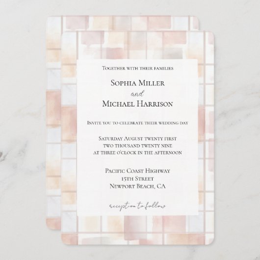 Blush Peach Squares Wedding 招待状 (正面/裏面)