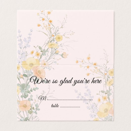 Blush Peach Wildflowers Folded Wedding Place Cards (外部フラット)