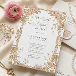 Blush Peony Gold Floral Bridal Shower 招待状
