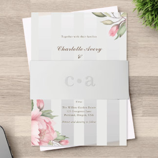 Blush Peony Monogram Grey Wedding 招待状ベリーバンド