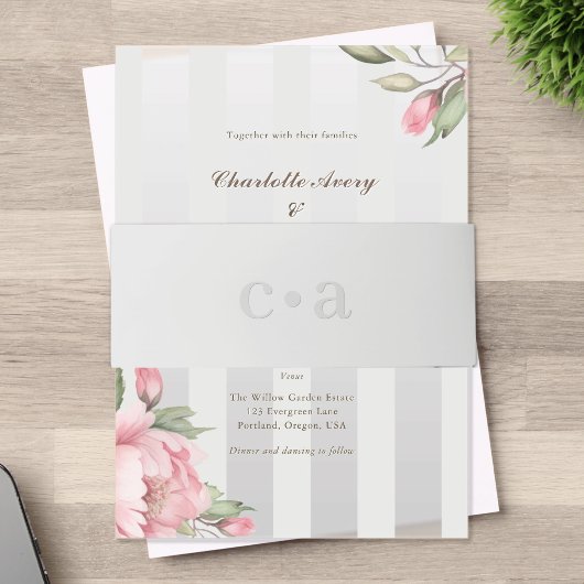 Blush Peony Monogram Grey Wedding 招待状ベリーバンド
