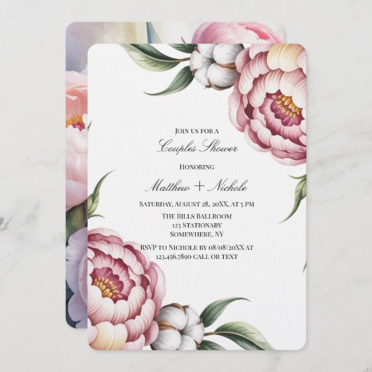 Blush Pink and Cotton Couples Shower 招待状 (正面/裏面)