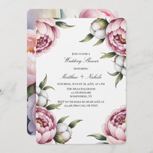 Blush Pink and Cotton Wedding Shower 招待状 (正面/裏面)