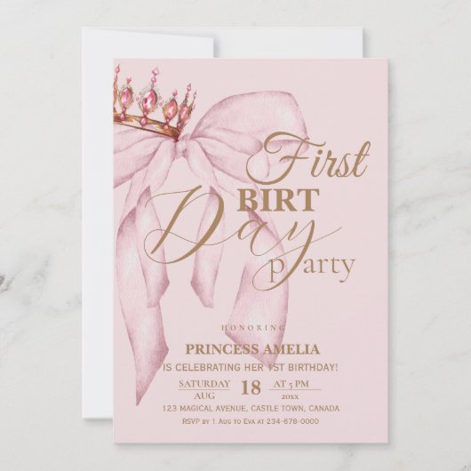 Blush Pink and Gold Bow First Birthday Party 招待状 (正面)