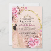  Blush Pink and Gold Roses Elegant Quinceanera 招待状 (正面)