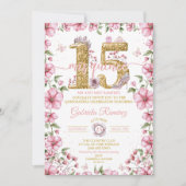 Blush Pink and Gold Tiara Mis Quince Quinceañera 招待状 (正面)