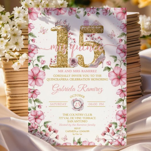 Blush Pink and Gold Tiara Mis Quince Quinceañera 招待状