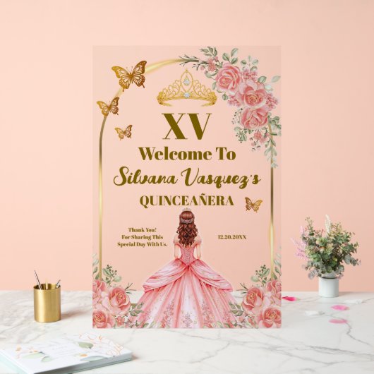 Blush Pink and Gold Welcome Sign for Quinceanera アクリルサイン (ウェディング)